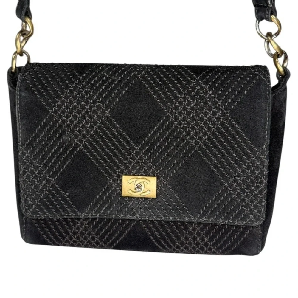 Vintage Chanel Black Suede Quilted Crossbody Bag CC Turnlock Wide Strap